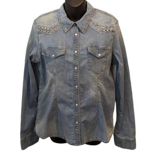 GUESS denim bejewelled button front shirt large